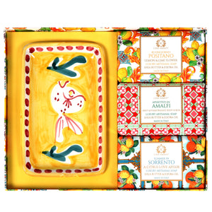 Casa Amalfi Lemon Maiolica Gift Box: 3 Soaps + Ceramic Soap Dish